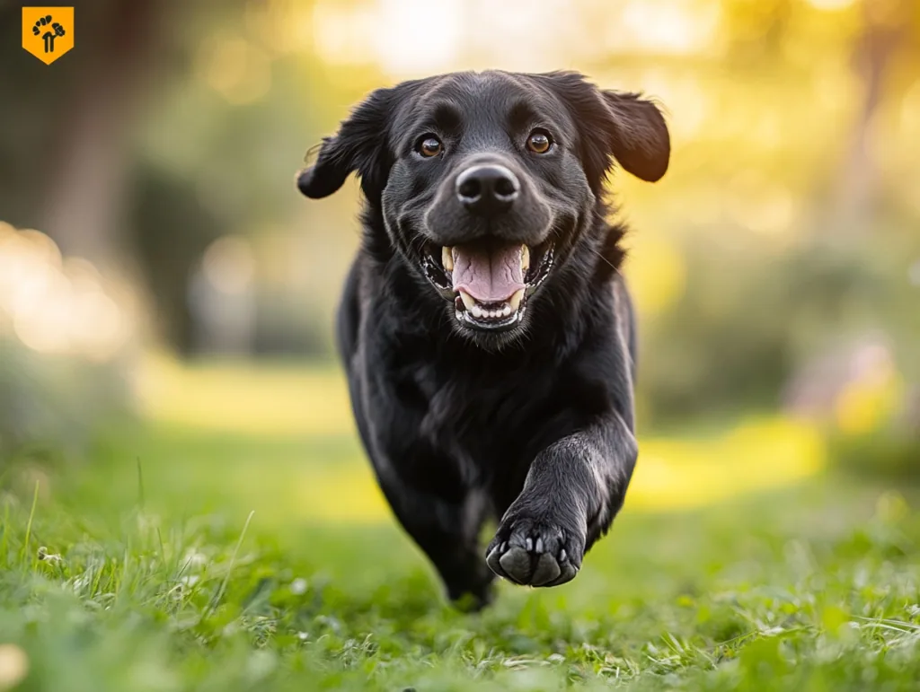 Schwarzer Hund rennt über grüne Wiese