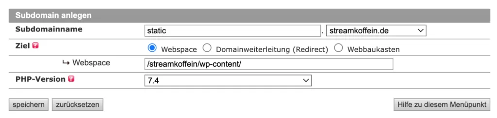 Wie man cookie-free Domains richtig einrichtet Wir zeigen nun mit der Subdomain auf den WP Content Ordner Cookie Free Domain