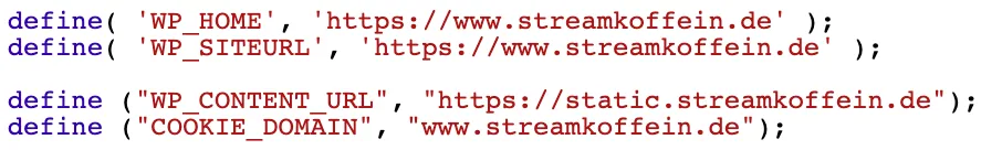 Wie man cookie-free Domains richtig einrichtet wp config von Streamkoffein Cookie Free Domain