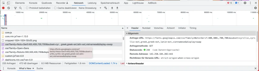 So deaktivierst Du Google Fonts oder lädst diese lokal Abfrage Google Fonts im Browser Chrome Google Fonts