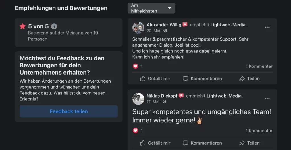 Reputationsmanagement , die hohe Kunst der Kundenbewertung Facebook Empfehlungen Local SEO Kundenbewertungen