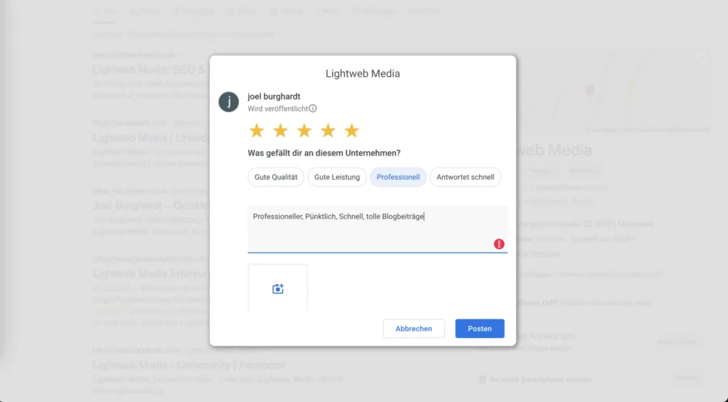 Reputationsmanagement , die hohe Kunst der Kundenbewertung Lightweb Media Bewertung Local SEO Kundenbewertungen