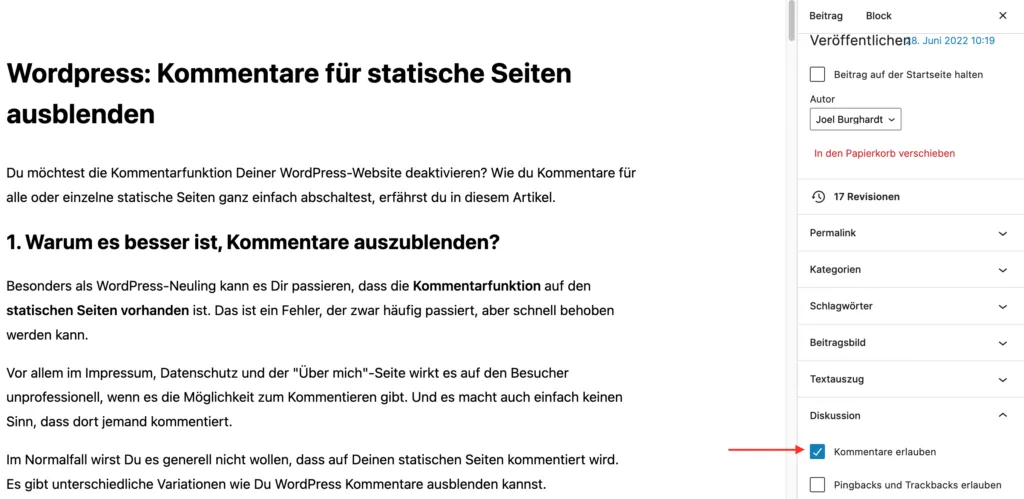 WordPress: Kommentare für statische Seiten ausblenden WordPress Kommentar auf einer einzelnen Seite deaktivieren